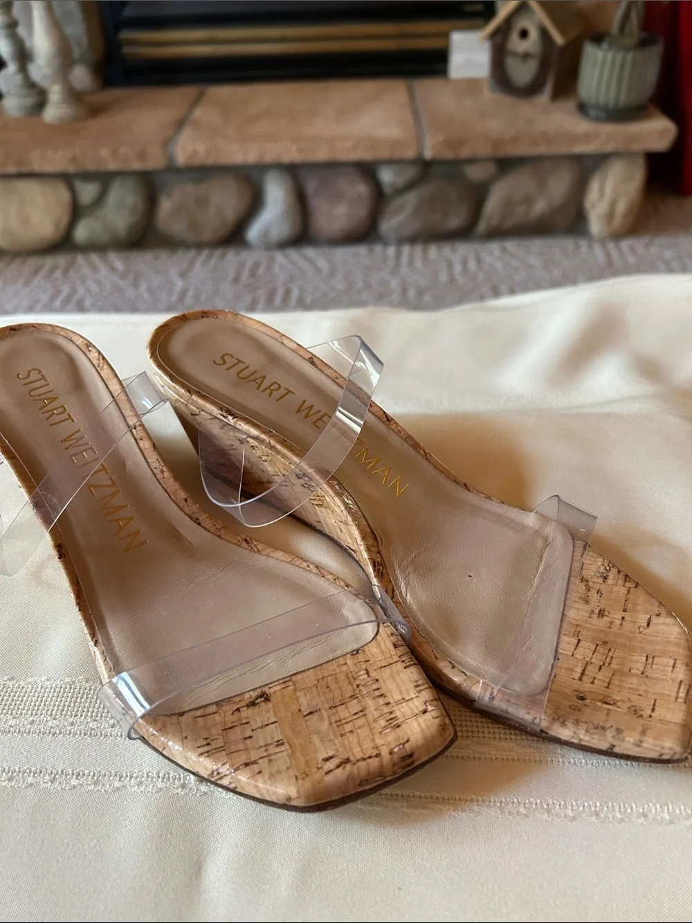 Stuart Weitzman Clear Strap Cork Wedge Sandals - Beige/Cork, Size 7